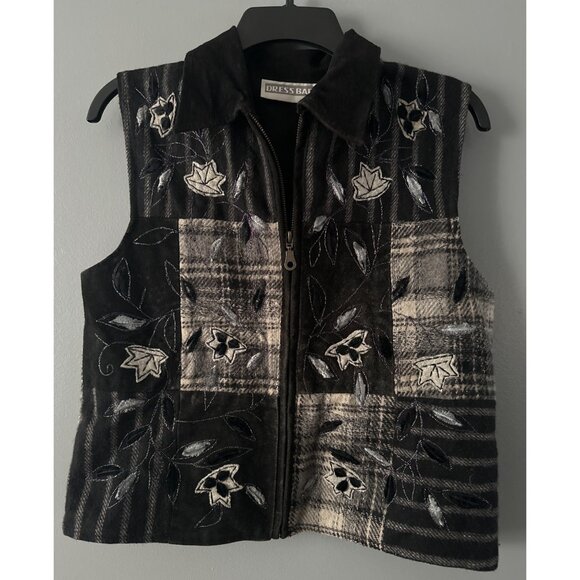 VTG Dressbarn Wool Leather Vest Women S Embroidered Front Plaid Back Cottagecore - Picture 1 of 7